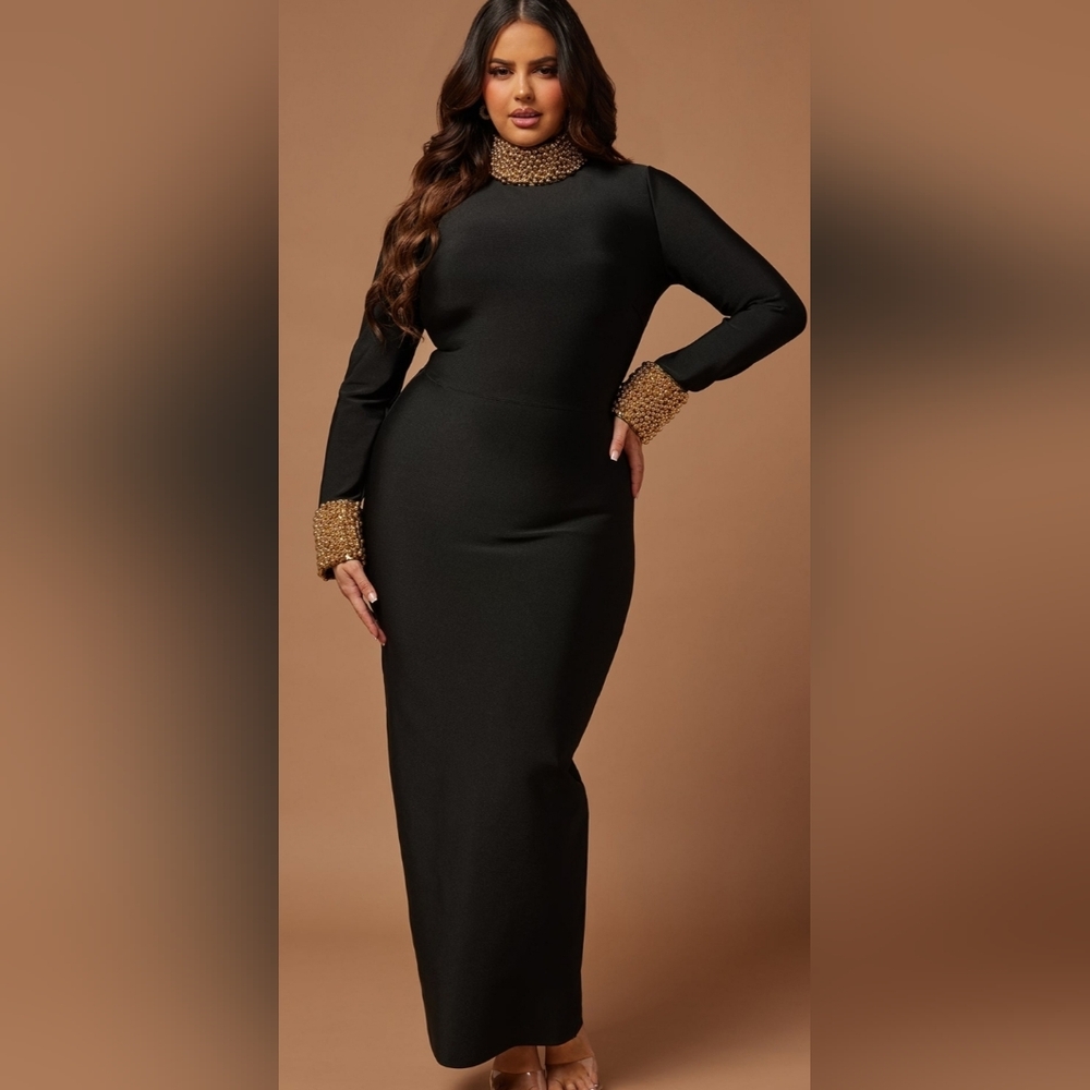 Fashion Nova Black Dress with Gold Cuff Details